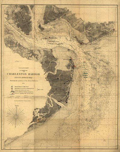 Il porto di Charleston e i suoi approcci con le posizioni delle batterie ribelli. LOC 99448827 da United States Coast Survey
