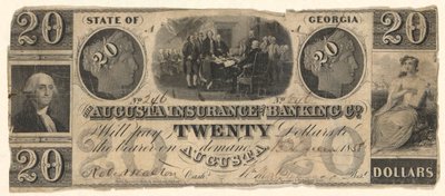 Banconota da 20 dollari emessa dalla Augusta Insurance & Banking Co., Augusta, Georgia nel 1858 con incisioni della Dichiarazione di Indipendenza dopo Trumbull, Washington dopo Stuart (?) da Unknown