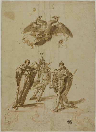 Soggetto allegorico: Aquila imperiale a due teste sulle nuvole; a terra, una figura drappeggiata, un re e una figura della fama da Unknown