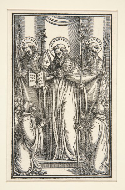 Illustrazione di un libro con tre santi da Unknown