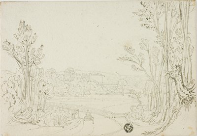 Carrello che attraversa il ponte tra gli alberi; villa in lontananza da Unknown