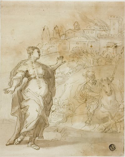 Cassandra davanti alla città in fiamme di Troia da Unknown
