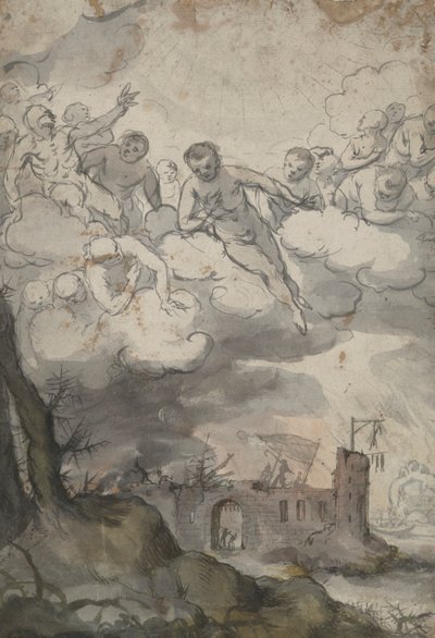 Figure celesti sopra un castello devastato dalla Morte e dal Diavolo da Unknown
