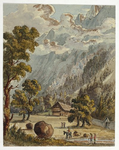 Chalet e giardino sotto le Alpi (recto); villaggio e ghiacciaio di Boissons, Chamix (verso) da Unknown