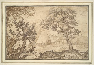 Edifici agricoli visti attraverso uno schermo di alberi da Unknown