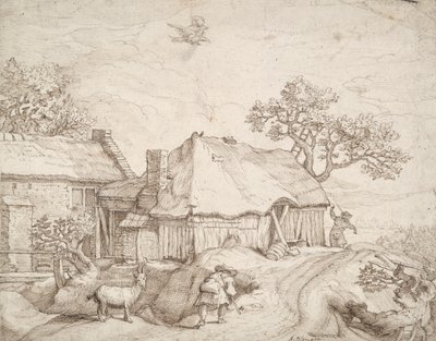 Edifici agricoli con contadini, una capra e il rapimento di Ganimede da Unknown