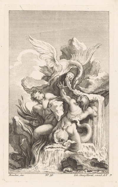 Fontana con cigno e uomini da Unknown