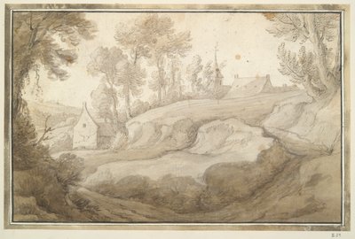 Paesaggio collinare con casa e chiesa a media distanza da Unknown