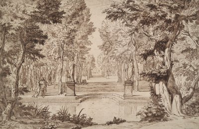 Vista Immaginaria di un Parco con Statue e Coppie da Unknown