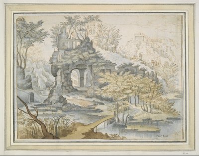 Paesaggio con edifici su arco nelle rocce da Unknown