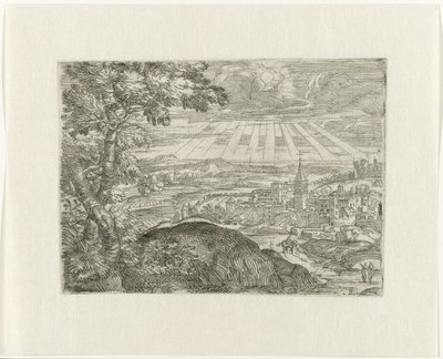 Paesaggio con vista sulla città e sole splendente da Unknown