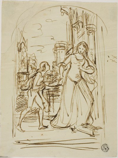 Illustrazione letteraria: Dama medievale con pagina (recto); schizzi di figure (verso) da Unknown