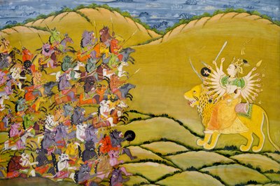 Pittura Marwar: I demoni si preparano alla battaglia contro la dea Durga, Museo del Palazzo del Forte Mehrangarh, Jodhpur, Rajasthan, India da Unknown