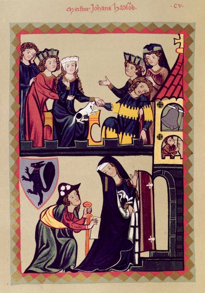 Meister Johannes Hadloub, illustrazione da un facsimile del Codice Manesse o Grosse Heidelberger Liederhandschrift, realizzato a Zurigo c.1305-40 da Unknown