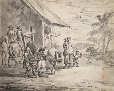 Uomini che ferrano un cavallo fuori da una locanda di campagna da Unknown