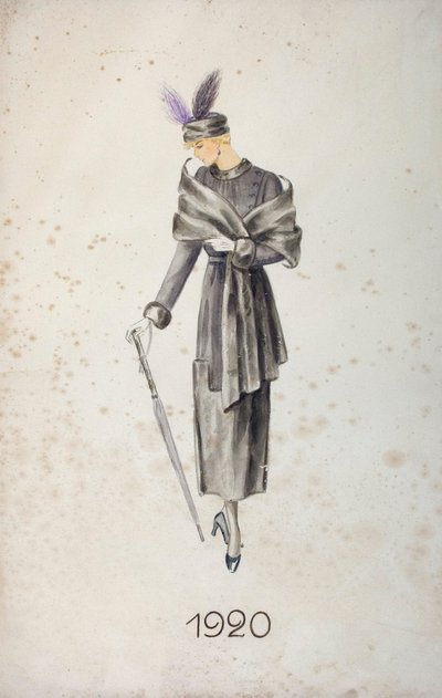 Modella con cappotto e cappello con piume, con ombrello da Unknown