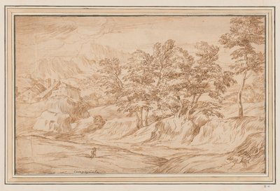 Paesaggio montuoso con case a sinistra e alberi a destra da Unknown