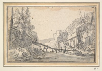 Paesaggio montuoso con ponte di legno da Unknown