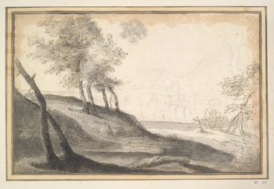 Paesaggio montuoso con alberi e città in lontananza da Unknown