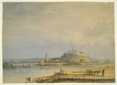 Scena fluviale con città, castello sulla collina e contadini al lavoro da Unknown