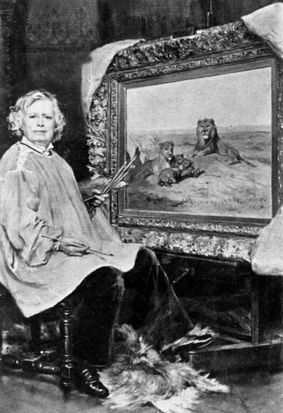 Rosa Bonheur (1822-1899) pittrice francese di fauna selvatica qui davanti a una delle sue tele che rappresenta leoni c. 1875 da Unknown