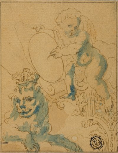 Sezione di Decorazione del Soffitto con Cupido con Pergamena e Leone con Corona da Unknown