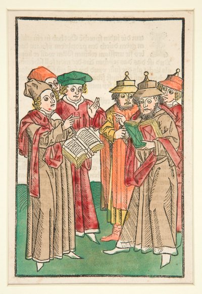 Tre Studiosi Cristiani e Tre Ebrei che Disputano, illustrazione da Der Seelen-Wurzgarten da Unknown