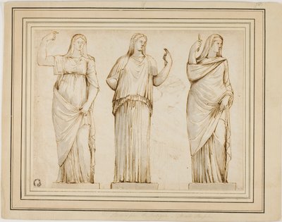 Tre statue romane di figure femminili drappeggiate e schizzo di un
