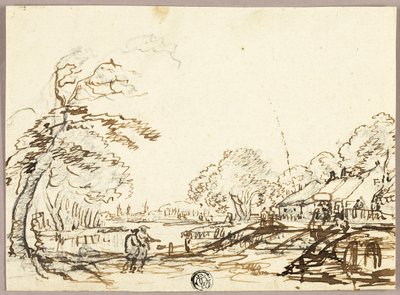 Due figure lungo il fiume vicino a ponti e case (recto); due figure sul ponte che guardano l