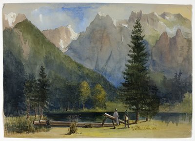 Due uomini vicino a uno stagno sotto le Alpi da Unknown