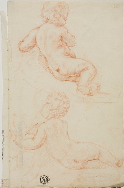 Due putti visti di schiena, uno scrivendo da Unknown
