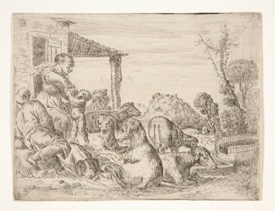 Senza titolo (Famiglia di contadini con cani e agnelli in un paesaggio) da Unknown