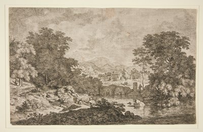 Senza titolo [Scena pastorale - paesaggio montuoso vicino a un corpo d