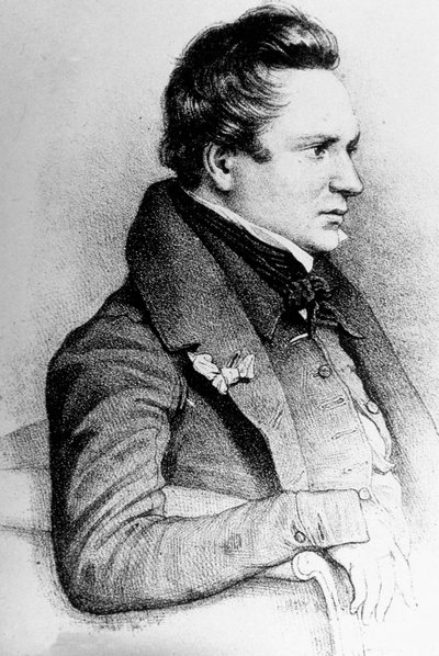 Victor Hugo (1802-1885) scrittore francese, qui nel 1832, incisione di Georges Frey dopo Léon Noël da Unknown