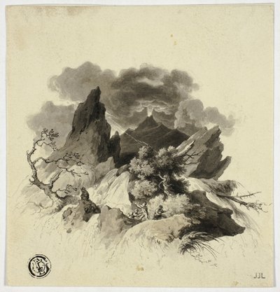 Tempesta violenta in montagna con vulcano in eruzione in lontananza da Unknown