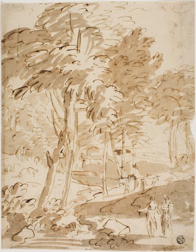 Paesaggio boscoso con figure e animali da Unknown