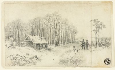Capanna nel bosco, con cacciatori in avvicinamento da Unknown