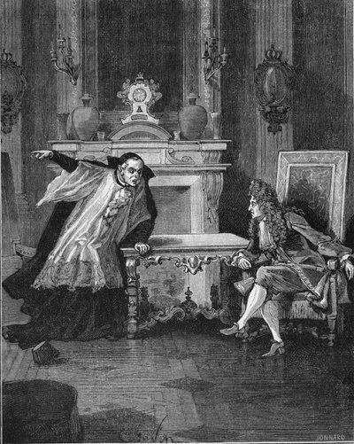 1715: il re di Francia Luigi XIV (1638-1715) ascolta le parole di Padre Michel Le Tellier (1643-1719), suo confessore gesuita. Incisione del XIX secolo. In 