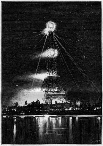Esposizione Universale del 1889: la Torre Eiffel illuminata da fiamme bengalesi la sera dell