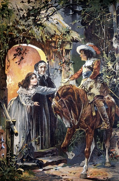 Illustrazione del XIX secolo che raffigura un episodio di una favola per bambini: un cavaliere che visita una giovane ragazza e sua nonna. Incisione da Unknown artist