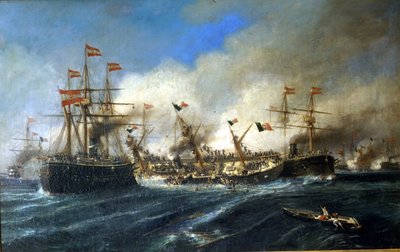 20/07/1866: Battaglia di Lissa al largo della Dalmazia: gli austriaci distruggono la flotta italiana. da Unknown artist
