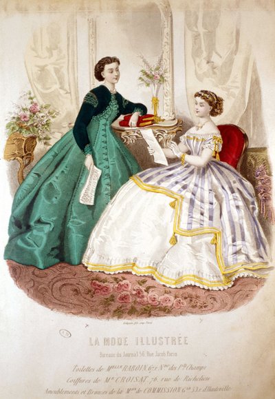 2 donne che leggono: toilette di Miss Raboin e le acconciature di M. Croisat - in "La Moda illustrata" da Unknown artist
