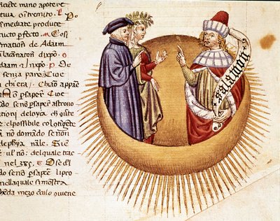 Quarto Cielo: Dante e Beatrice incontrano il re Salomone. Pagina miniata che illustra un canto del Paradiso tratto dalla 