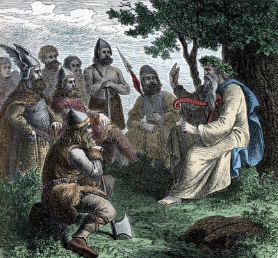 Un bardo che recita ai Normanni - Civiltà vichinga: Un bardo druido recita poesie ai guerrieri, VIII-IX secolo da Unknown artist