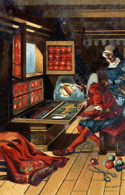 Un chasublier (un lavoratore che realizza ogni tipo di abbigliamento ecclesiastico) nel 1546. Cromolitografia della fine del XIX secolo da Unknown artist