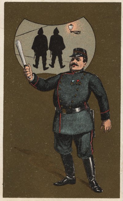 Un poliziotto francese in uniforme con il suo manganello. Cromolitografia anonima, fine XIX secolo. da Unknown artist