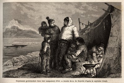 Una famiglia Inuit della Groenlandia nel loro campo estivo di pelli. Incisione per illustrare il viaggio al mare libero del polo artico, del Dottor Hayes, chirurgo della Marina degli Stati Uniti, nel 1860-1862, pubblicato in 