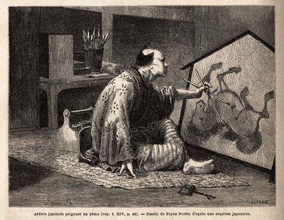 Un artista giapponese che dipinge uno yema (dipinto di cavallo leggendario). Incisione per illustrare il viaggio in Giappone, nel 1863-1864, di Aime Humbert, ministro della Confederazione Svizzera, in 