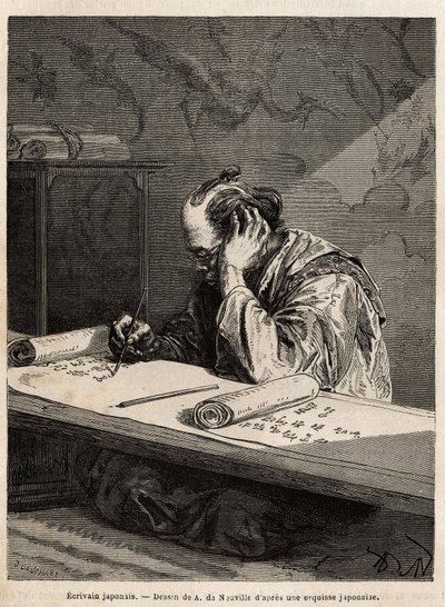 Uno scrittore giapponese al suo tavolo di lavoro, rieditando un testo su un lungo rotolo che arrotola o srotola secondo l