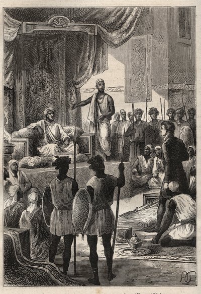 Un viaggio (1792-1795) in Egitto e nel Vicino Oriente di William George Browne (1768-1813): Browne incontra il Sultano del Darfur Ald el Raschman (Abd-er-Rahman, noto come El-Rachid o il Giusto), a El Fasher (Al-Fashir, Sudan) nel 1793 - illustrazione da 